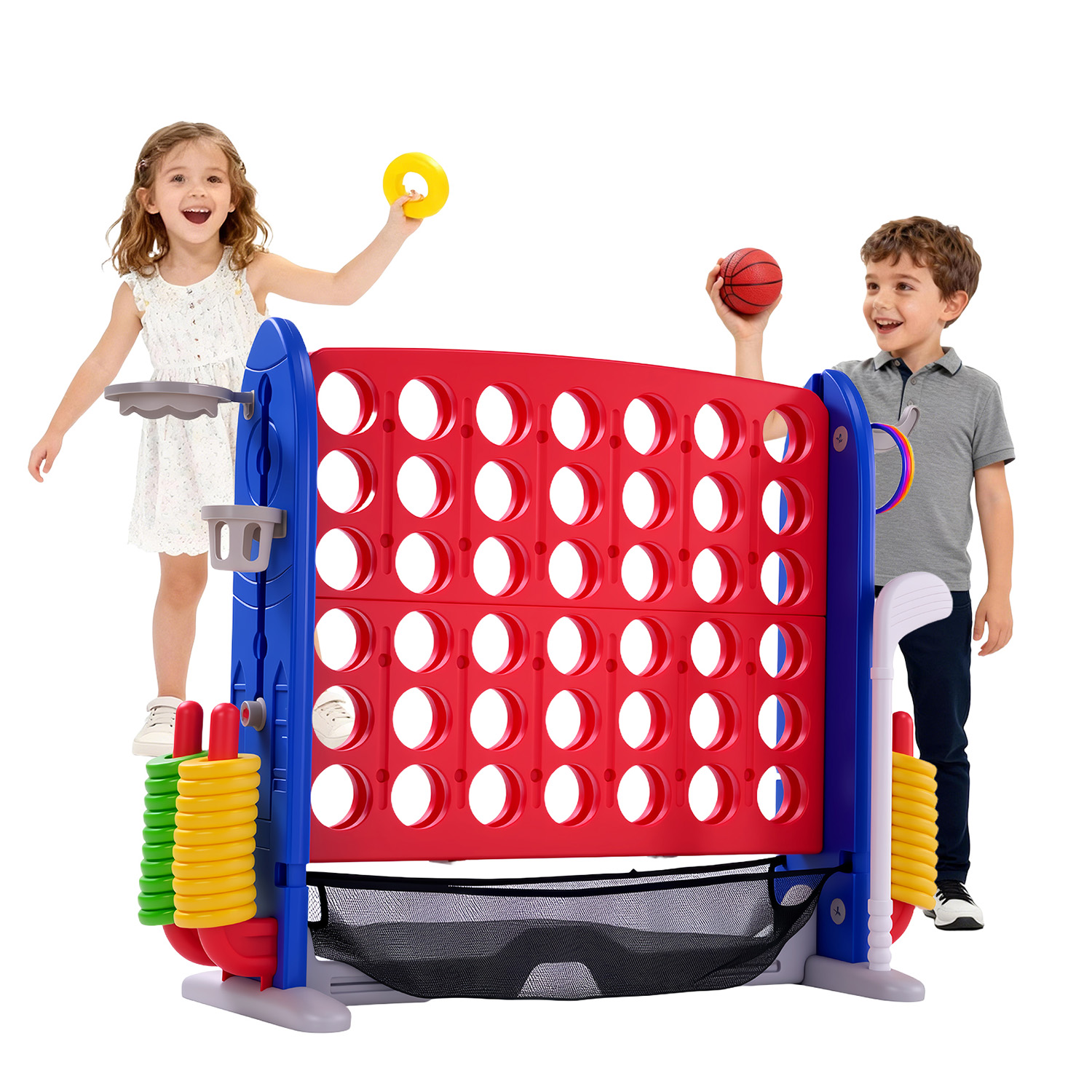 Giant Connect Four - 4-in-1 Riesen-Connect-Spielset mit verstellbarer Höhe, Basketballkorb,