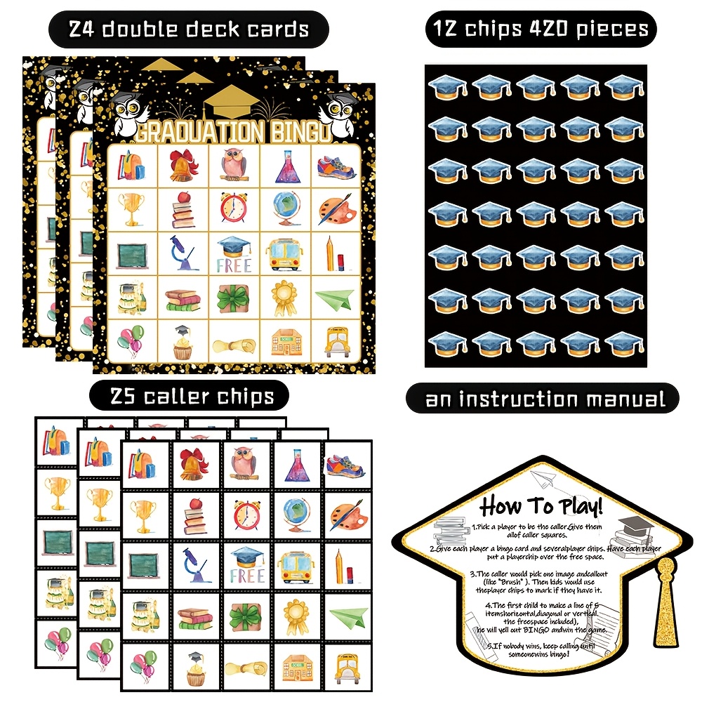 Party Games College - 2026 Schwarz-Gold Abschlussfeier Bingo-Spielset für 24